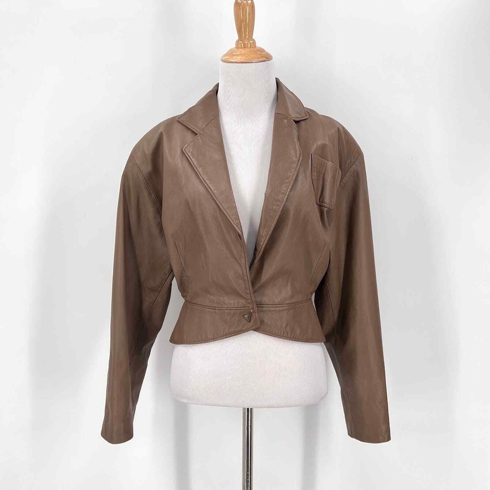 VINTAGE 80s Leather Jacket Women Brown Vintage Cropped Peplum Julio De Rodriguez